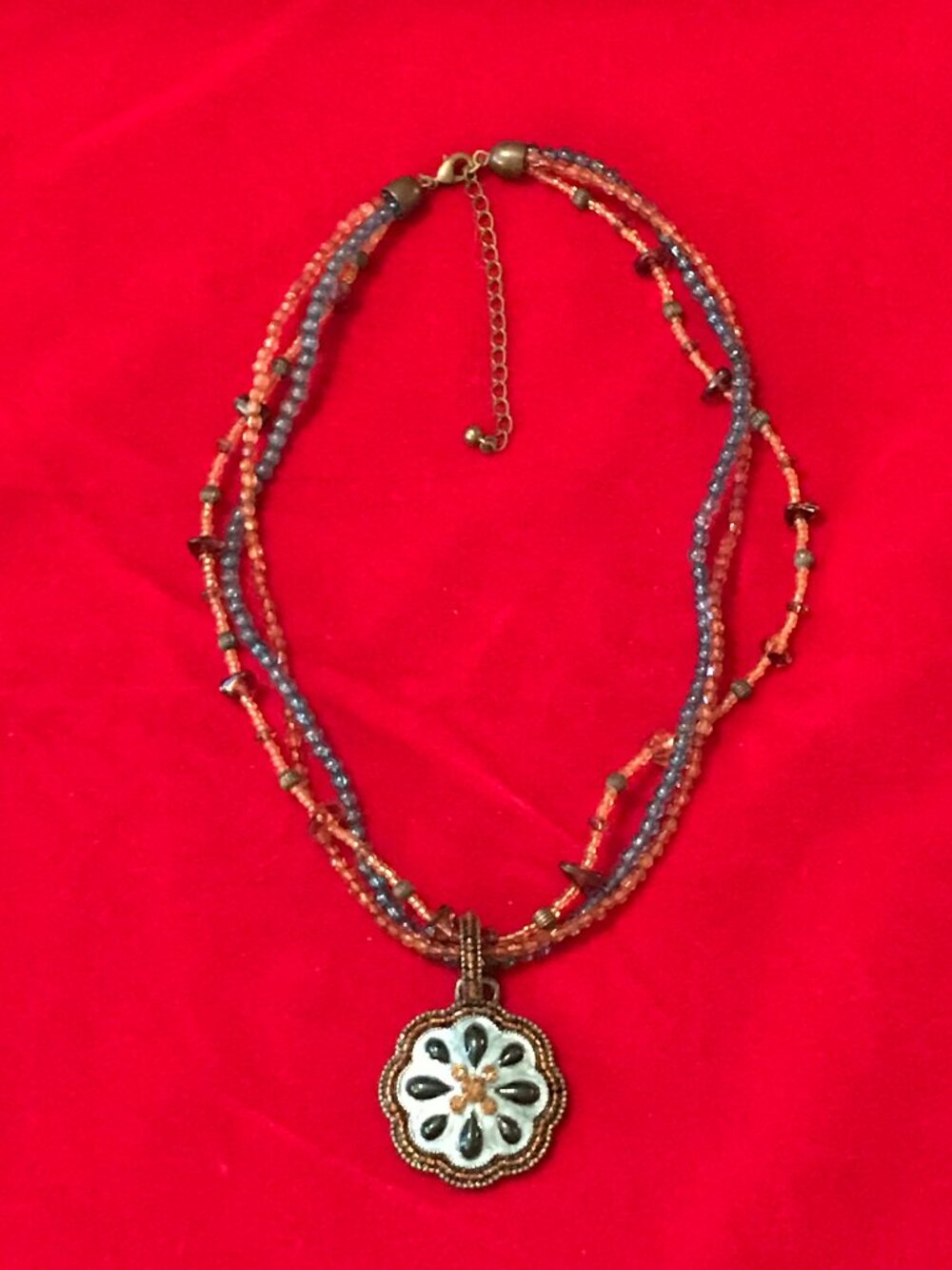 Vintage Nina Ricci Triple Strand Bronze Toned with Beaded Enamel Medallion
